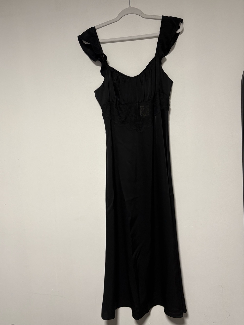 Aritzia Black Satin Dress with Ruffled Straps